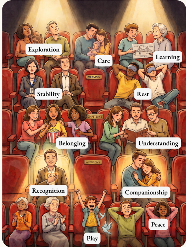 A page from The Inner Theatre showing groups of Audience members in a theatre: Exploration, Care, Learning, Stability, Rest, Belonging, Understanding, Recognition, Companionship, Play, Peace.
